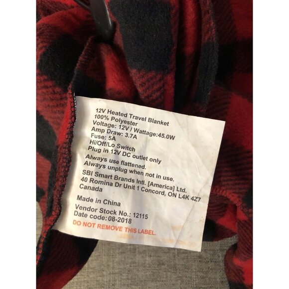 Smart Brands 12V DC Red Black Buffalo Plaid Auto Car Travel Heated Blanket - Picture 4 of 5